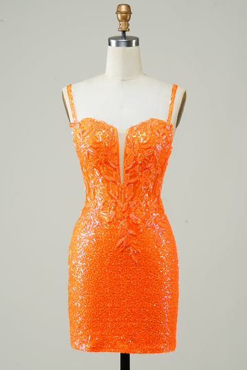 Glitter Orange Tight Short Formal Dress with Beading